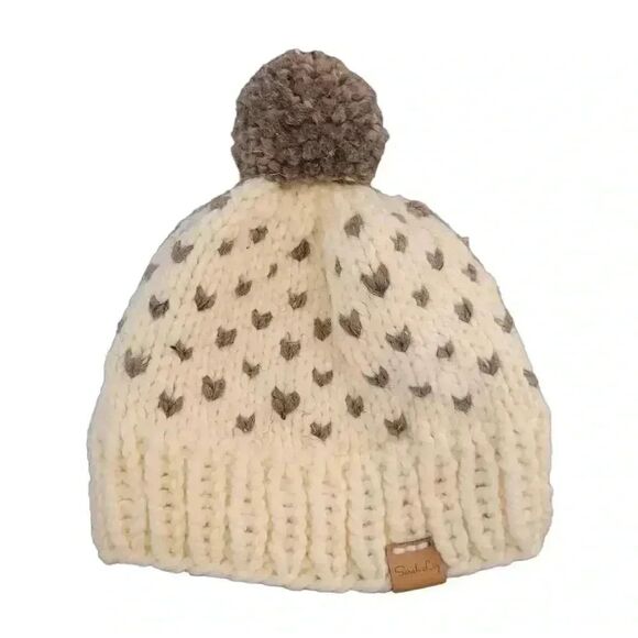 Sarah Liz Women’s  Cream/Gray Knit Beanie w Pom-Pom and Logo Patch EUC sz OS - Picture 1 of 5